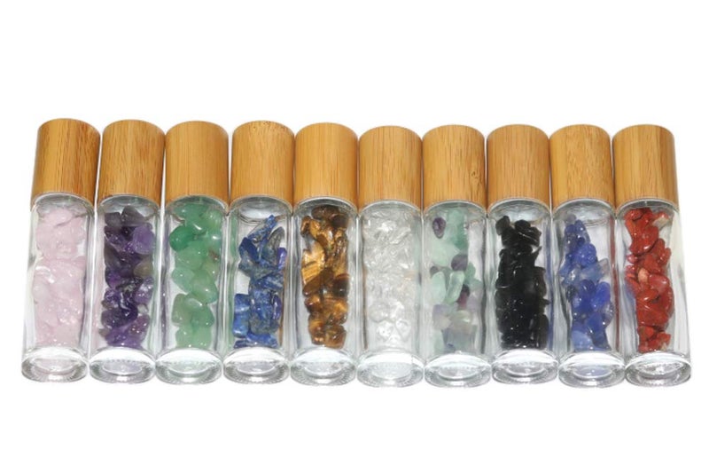 Wresty 10ml Roll On Bottle With Gemstone Rollerball&Crystal Chips Inside,10 Packs Glass Roller Bottles Essential Oil Sample Bottles(Bamboo Lids) - Image 4